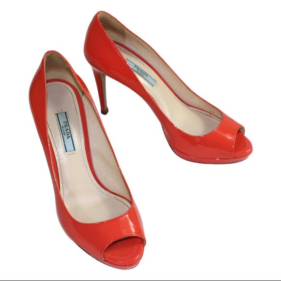 Prada Vernice Persimmon Patent Leather Peep Toe Platform Pumps, Size 36 (US 6) - Picture 5 of 9